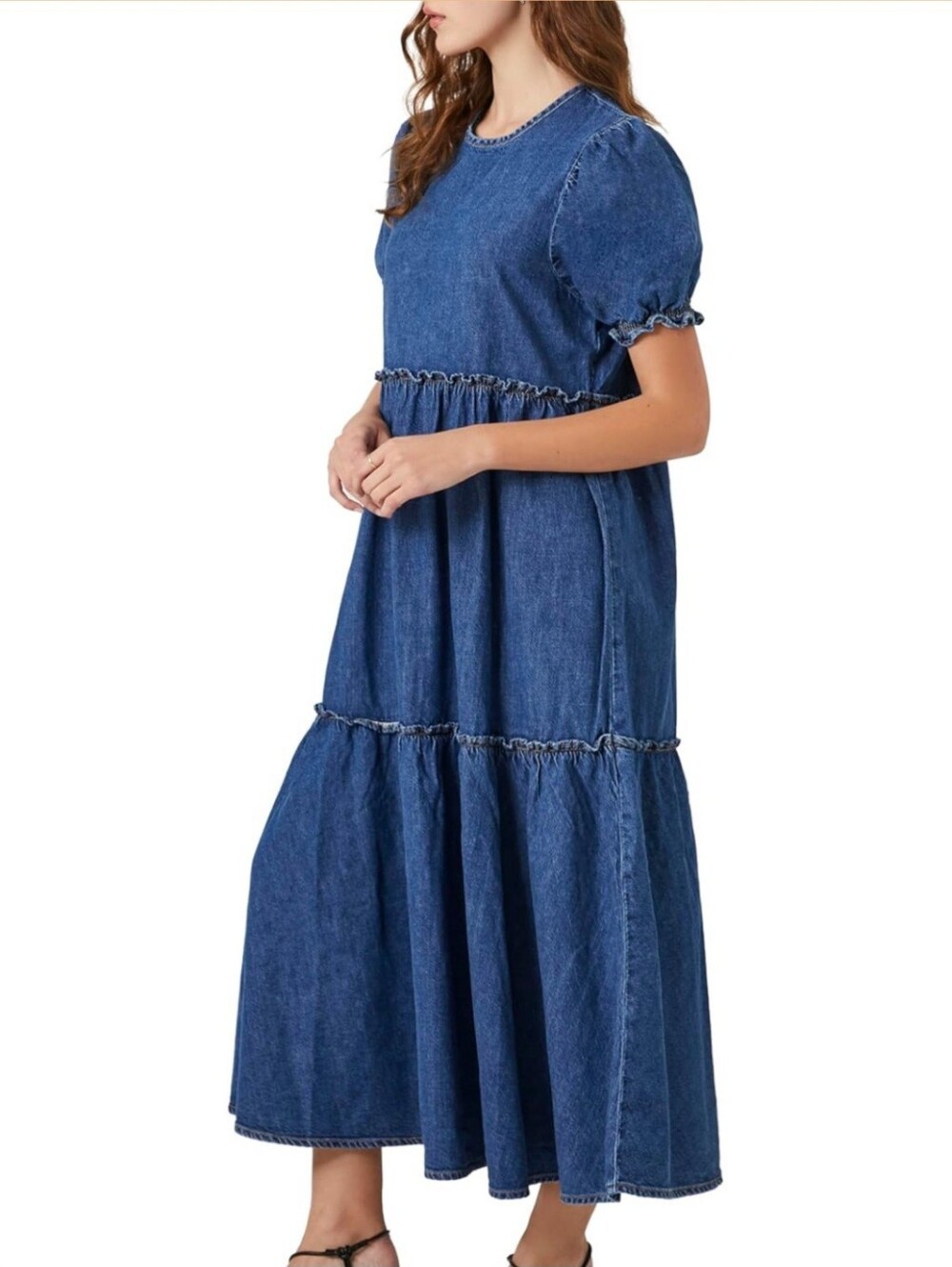 Forever 21 Denim Ruffle Tiered Maxi Dress in A Dark Blue Wash Size L. - Picture 10 of 12